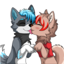 Two anthropomorphic wolf characters kissing each other affectionately.