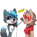 A blue-haired wolf character playfully boops the nose of a brown-furred character.