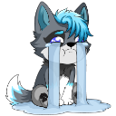 A cartoon wolf with blue hair sitting and crying with two large streams of tears flowing down its face.