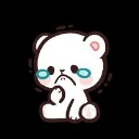 A small white bear sitting down with a sad expression and blue tears streaming from its eyes.