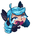 Gwen from League of Legends laughing with tears in her eyes.