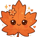 Maple leaf with a happy face and a small flower on its head surrounded by sparkles.