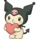 Kuromi the Sanrio character smiling while holding a pink heart.