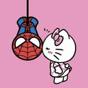 Hello Kitty leans in to kiss a hanging Spiderman against a pink background.