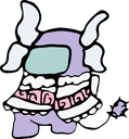 Kanna Kamui styled as a purple Among Us crewmate with white horns and a pink-trimmed outfit.