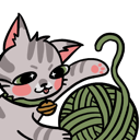 A gray tabby cat with large eyes happily playing with a large green ball of yarn.
