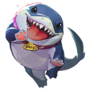Jeff the Land Shark waving happily with a wide, toothy grin.