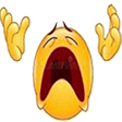 Yellow emoji face with mouth wide open in a scream and hands raised in despair.