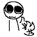 Stick figure character with large eyes wagging its tail happily.