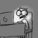 Stick figure with wide eyes and an open mouth staring in horror at a laptop screen.