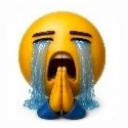 Yellow emoji face with a wide open mouth and heavy tears streaming down while holding hands together in a prayer gesture.