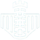 Tower icon with a crenellated top and brick pattern in white on a black background.