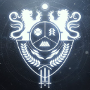 Destiny 2 emblem featuring two lions flanking a circular crest with class symbols and a glowing white line-art style.