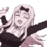 Chika Fujiwara with long pink hair and a black bow smiling with her arms raised in celebration.