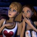 Two Barbie characters looking at something with wide, shocked eyes and hands covering their mouths.