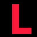 A bold red letter L centered on a solid black background.