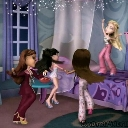 Bratz dolls dancing together in a bedroom during a sleepover.