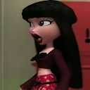 Bratz doll character with black hair looking shocked with her mouth wide open.