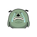 A green blob character with a sad face and blue tears streaming down its cheeks.