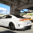 A white sports car parked under a concrete overpass viewed from the rear.