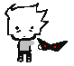 A pixel art character with messy hair and a tired expression holding a black mask with glowing red eyes.