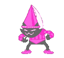 A dark cat-like creature in a pink hat and sweater performs a dabbing motion in a pixel art style.