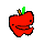 A small red pixelated apple with a wide, smug, mischievous grin.