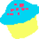 Abstract pixel art shape featuring bright blue, yellow, and pink squares.