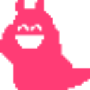 Pink blob character with a wide, happy, closed-eye smile.