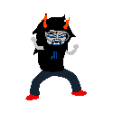 A pixelated Homestuck troll character dancing rhythmically with black hair and orange horns.
