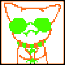 A pixelated cat wearing bright green sunglasses and a green collar with an orange outline.