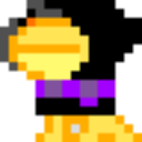 A stylized yellow head wearing a purple scarf floating against a black background.