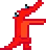 A pixelated red creature dancing back and forth in a rhythmic motion.