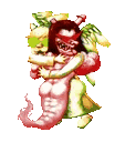 A multi-limbed, red and pink monster creature with a grinning face and green eyes.