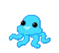 A small blue pixelated octopus wiggling its tentacles happily.