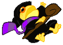 A yellow frog wearing a black wizard robe and purple scarf flying on a brown broomstick.