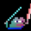 Pepe the Frog holding a glowing pixelated sword in a combat stance.