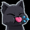 Black cat sticking its tongue out with a single blue tear falling from its eye.
