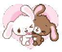 Two cute bunnies, one white and one brown, cuddling inside a pink heart shape.