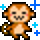 A small brown monkey dancing with a w-shaped mouth and blue sparkles surrounding it.