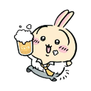 A cute white bunny wearing a tie and holding a mug of beer with a happy expression.