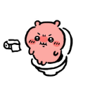 A pink Chiikawa character sitting on a toilet with an angry expression, holding out a hand for toilet paper.