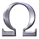 Omega symbol rendered in a polished metallic silver 3D style.