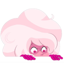 Pink character with large hair peeking over a ledge with wide, suspicious eyes.