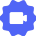 Video camera icon centered on a blue gear-shaped badge.