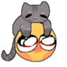 A small gray kitten sits on top of a yellow pleading face with large, watery, red-rimmed eyes and blushing cheeks.