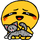 Yellow smiley face with a blushing expression happily holding a small gray tabby cat.