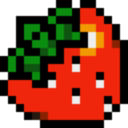 A small pixel art strawberry with a red body and green leaves.