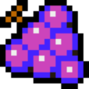 A pixelated bunch of purple grapes with a small brown stem.