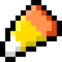 Candy corn piece rendered in a simple pixel art style with white, yellow, and orange segments.